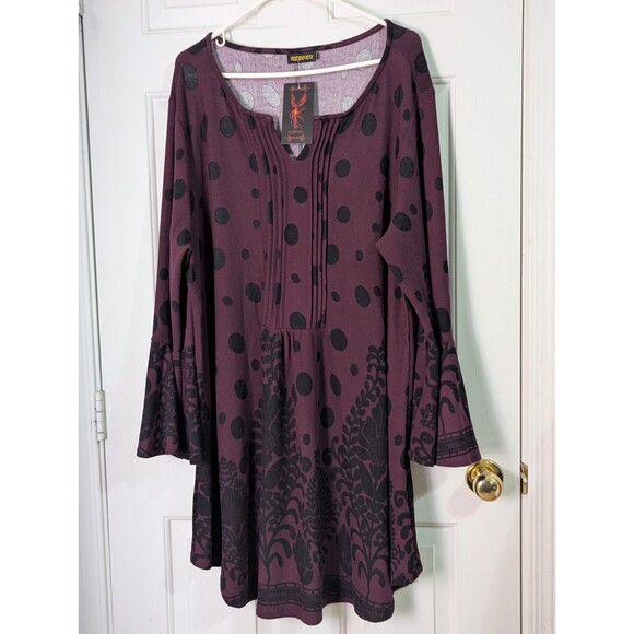 NWT Reborn Tunic Dress Plus 3x Maroon Black Damask Boho Stretchy Flounce Sleeves - Picture 1 of 14